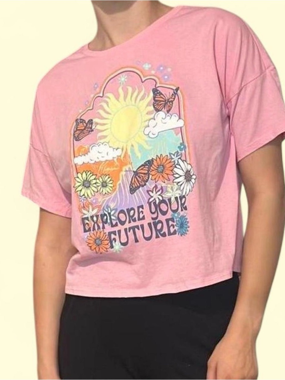 wonder nation Pink Graphic Crop Tee with Sunshine Graphic